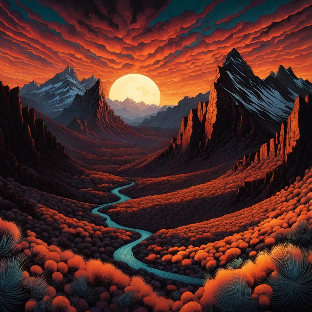 Sunset Over Desert Canyon: Detailed Ink Illustration