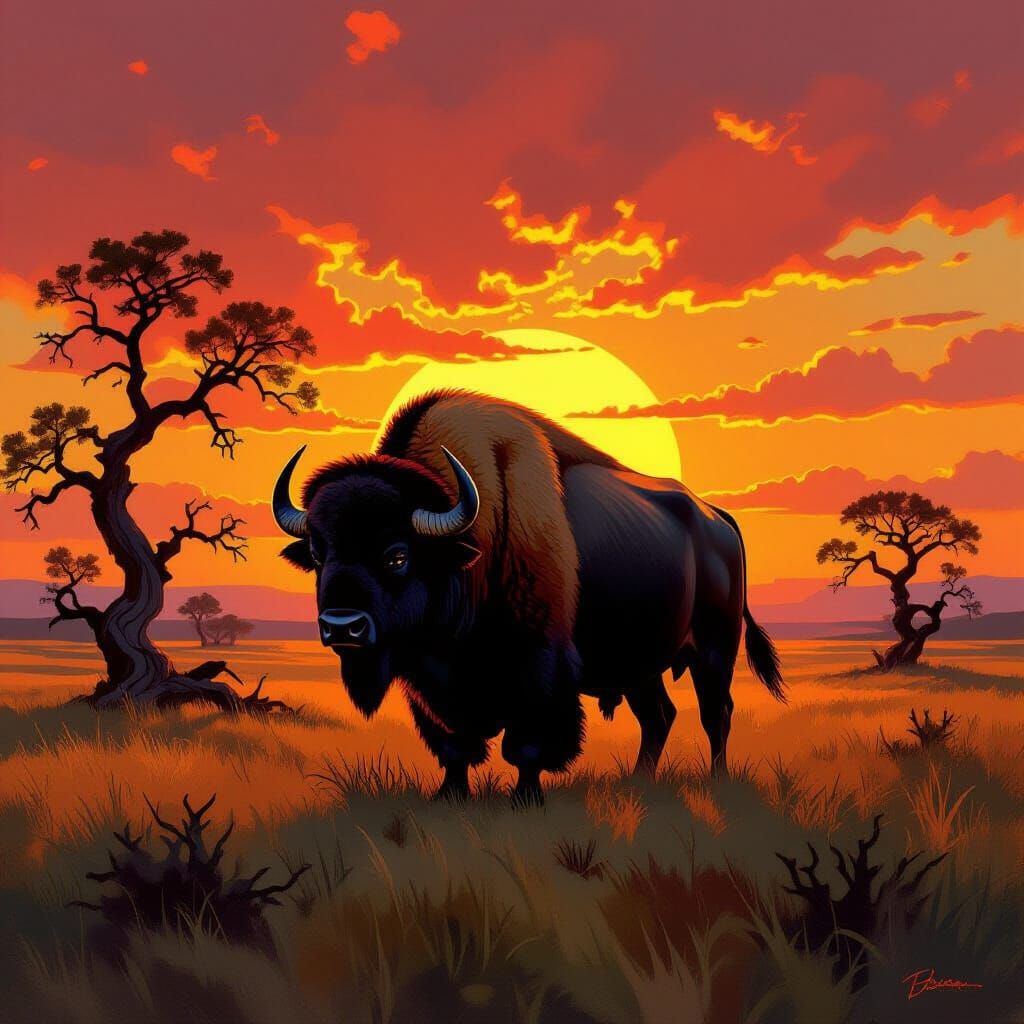 Buffalo Silhouetted at Fiery Sunset: American Landscape Pain...