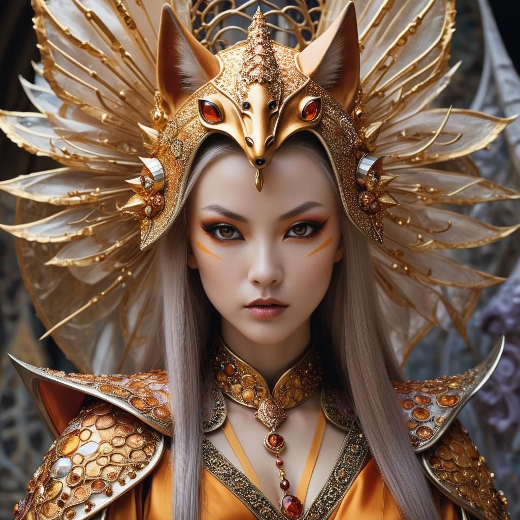 Kitsune Woman in Amber Armor, Professional Portrait