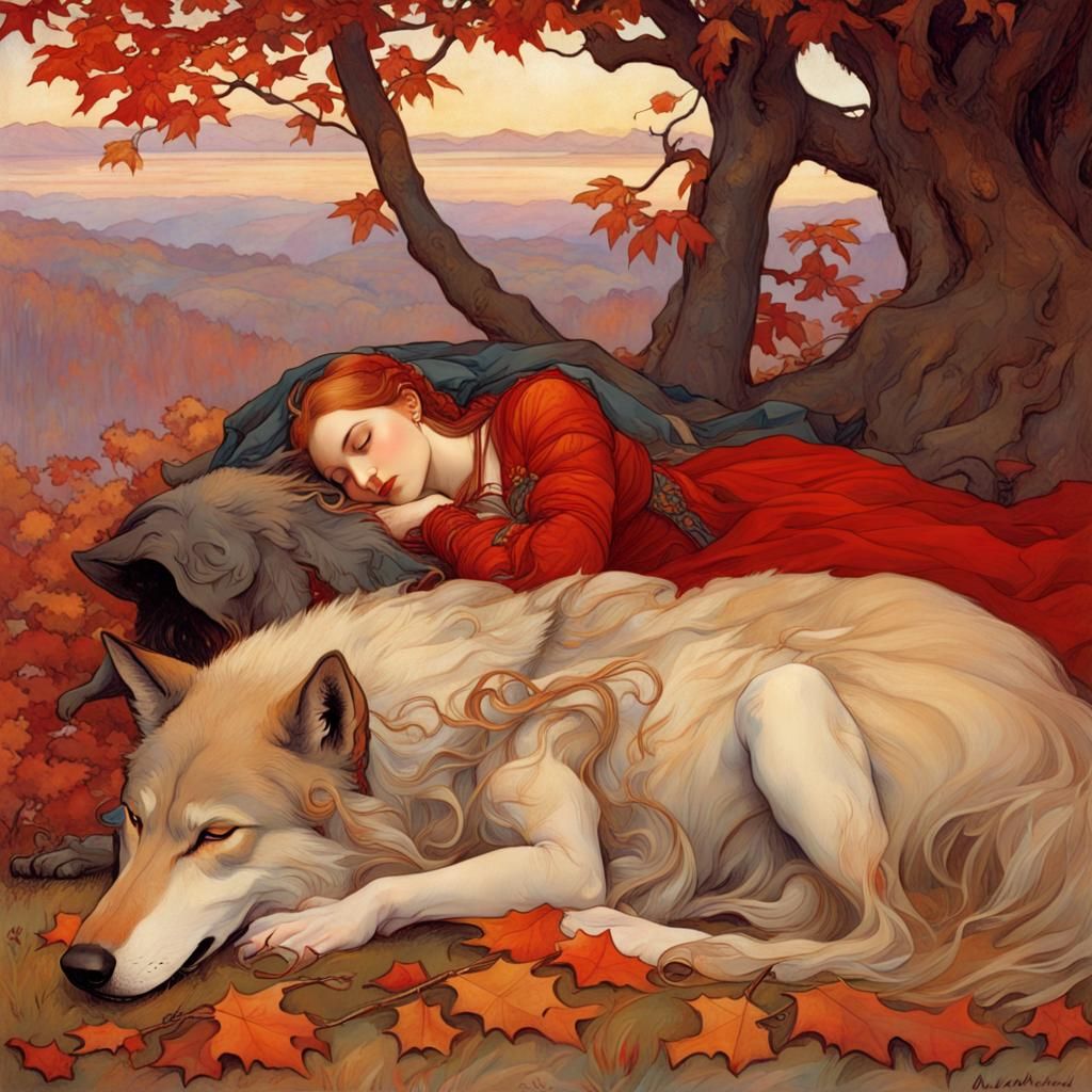 Art Nouveau Sansa Stark with Wolf