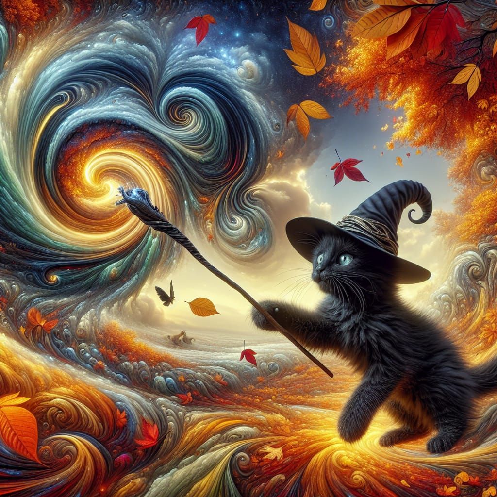 Whimsical Autumn Cat Sorcery in Digital Matte Painting