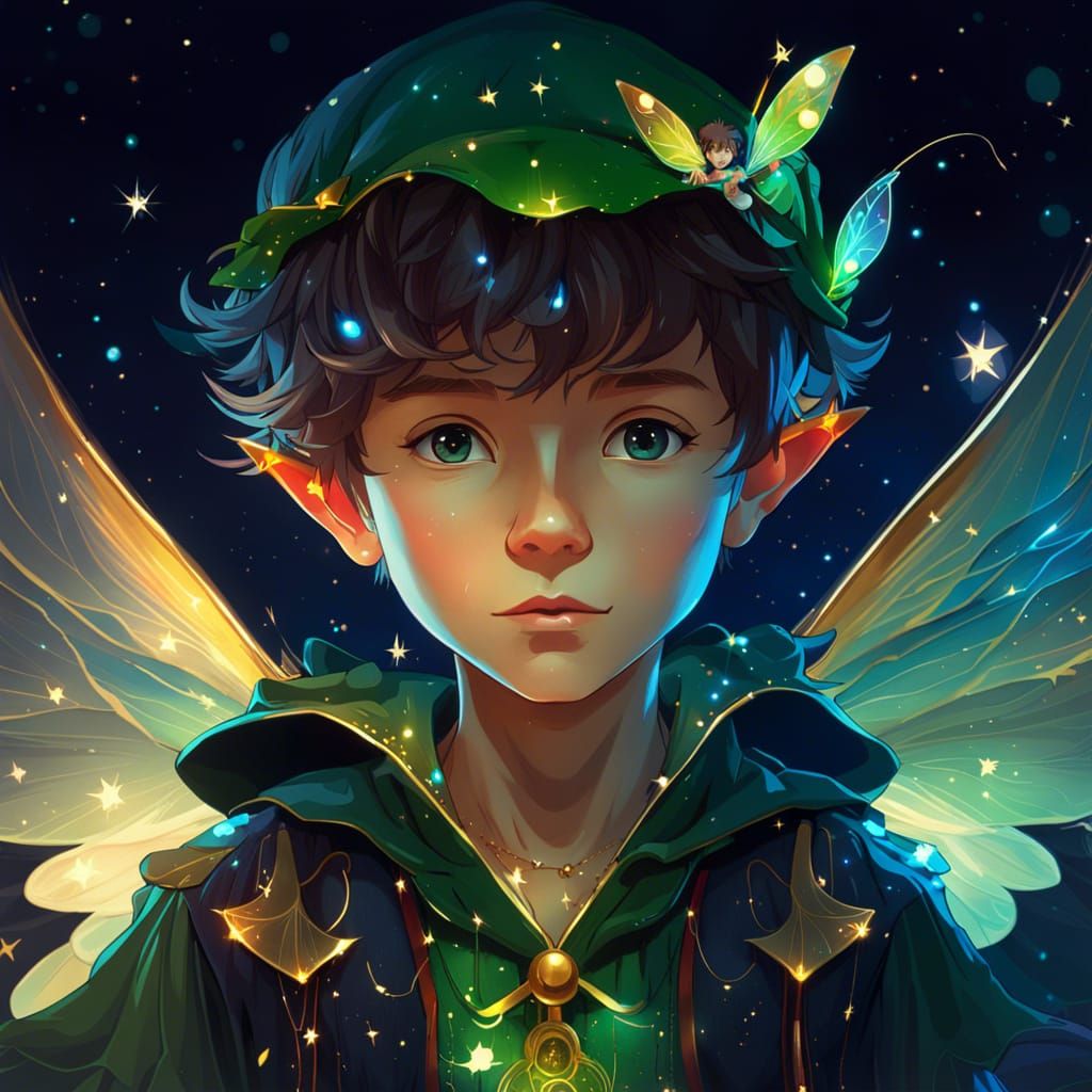 Anime Peter Pan with Fairy Wings in Space