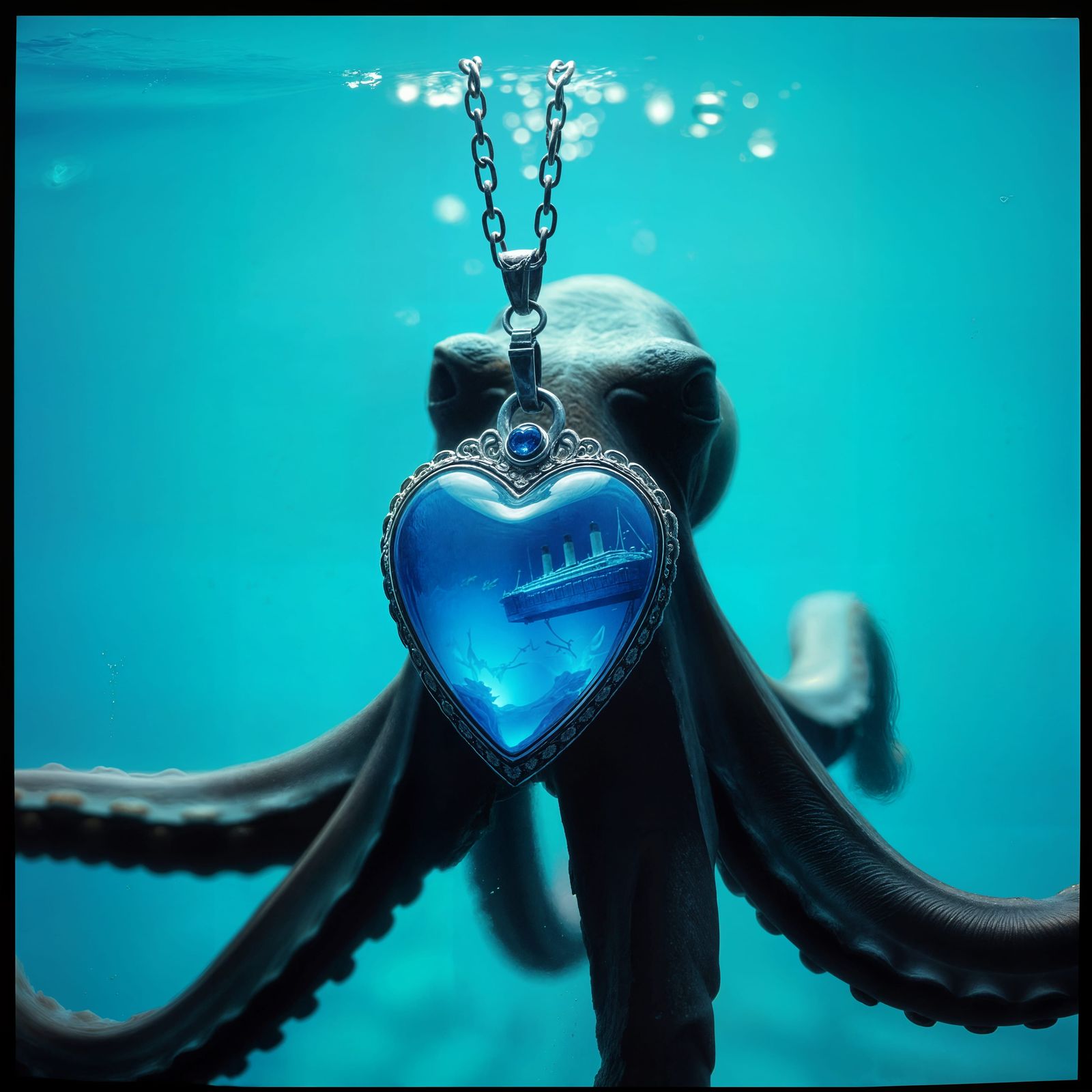 Cinematic Underwater Scene with Octopus Wearing Titanic Neck...