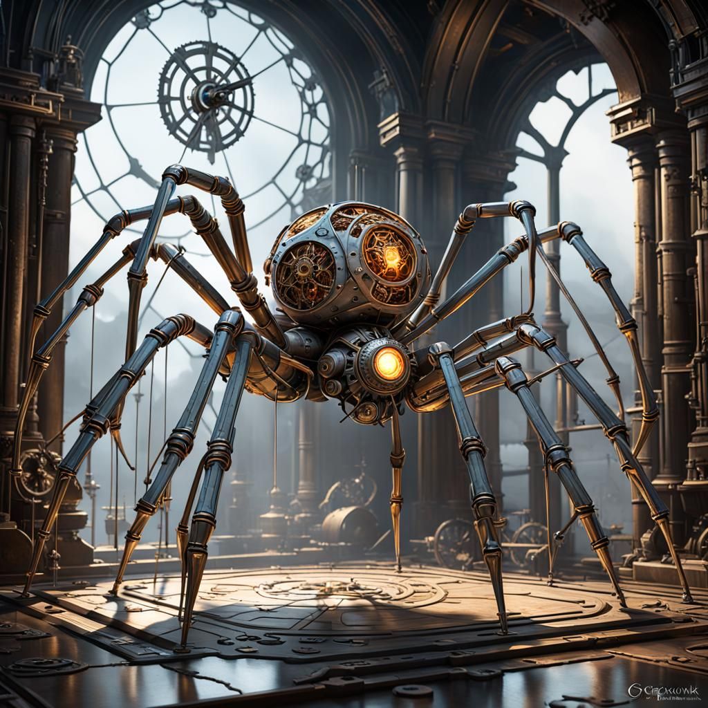 Steampunk Mechanical Spider in Medieval Fantasy Style