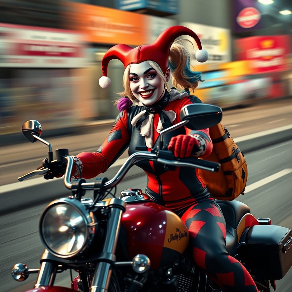 Harley Quinn Rides Harley-Davidson in Hyperrealistic Digital...