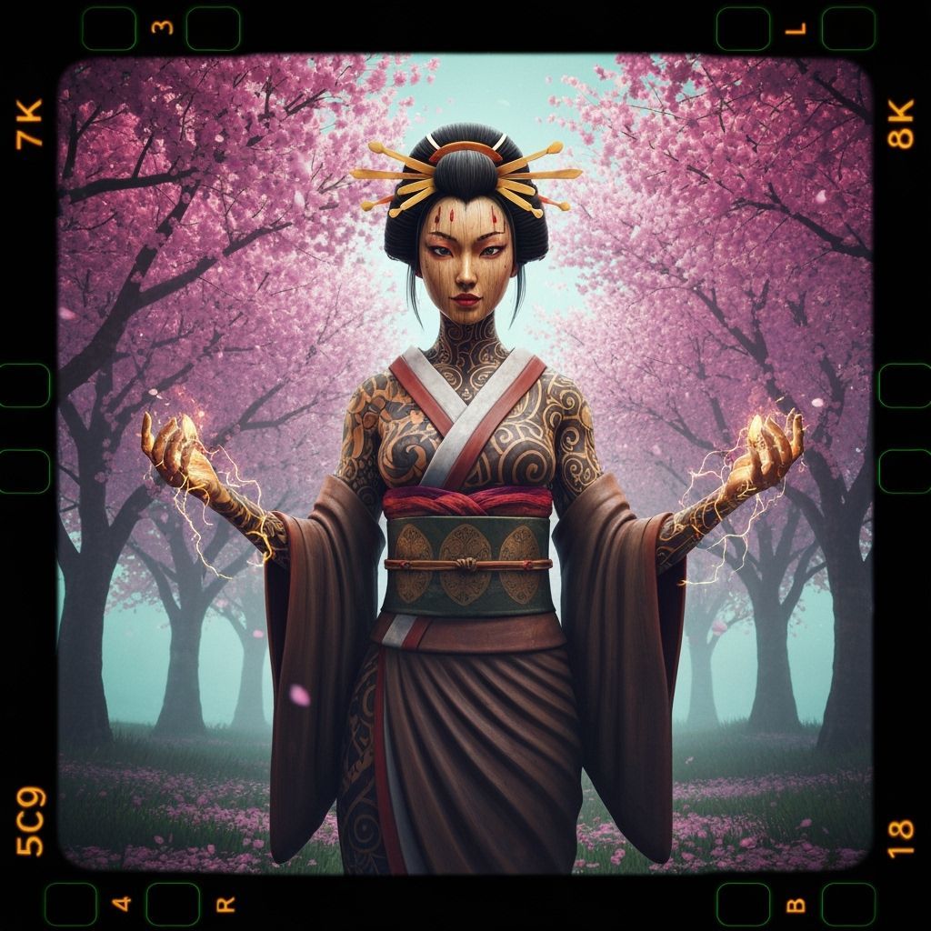 Arcane Geisha in Cherry Blossom Grove: Digital Painting