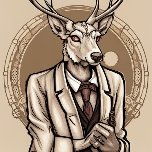 Anthro Deer Scientist in Steampunk Line Art