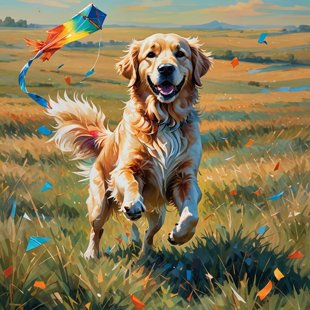 Golden Retriever Flies Kite: Vibrant Oil Painting
