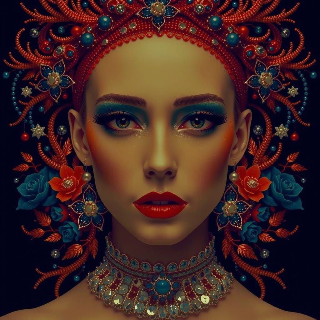 Ornate Beaded Waterfall Artwork with Gold and Silver Details