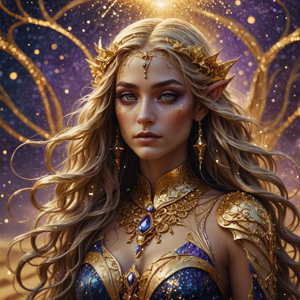 Golden Elf Portrait in Art Nouveau Style