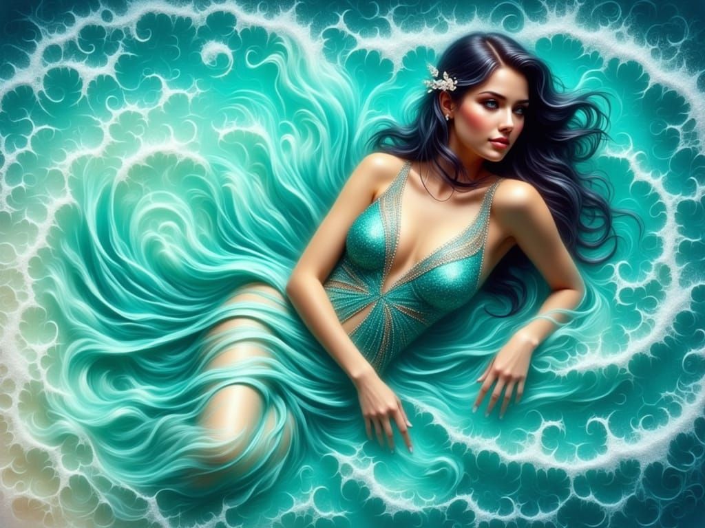 Woman in Turquoise Ocean with Painterly Fantasy Style