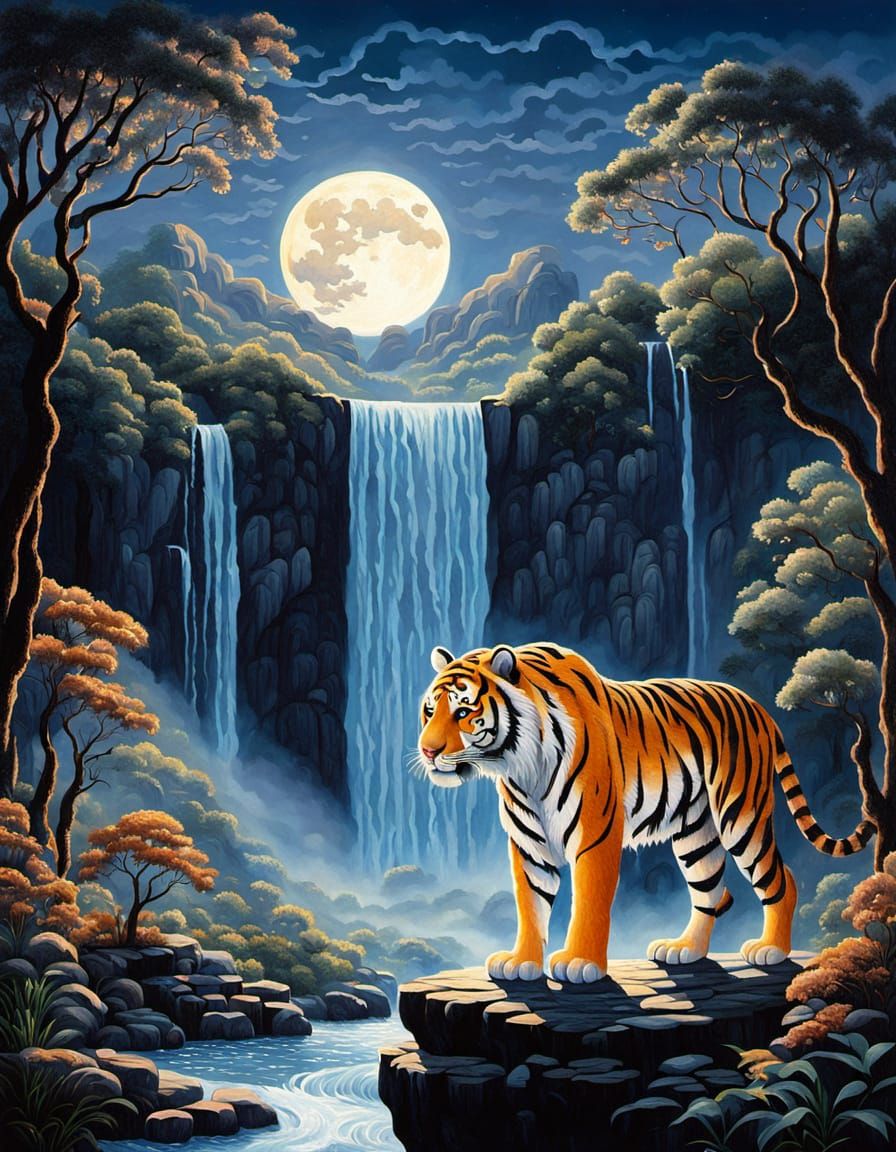 Ethereal Tiger Silhouette Under Full Moonlight in Quilling O...