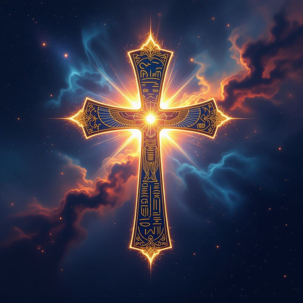 Radiant Ankh Cross in Ethereal Nebula, Art Nouveau Style