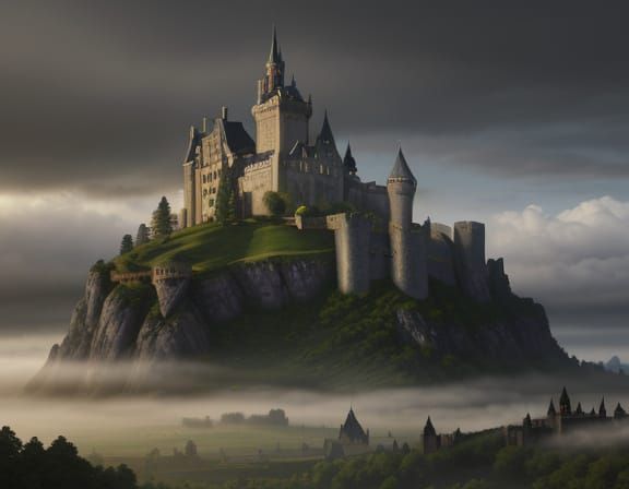 Epic Castle on Hill in Misty Clouds Oil Painting Style