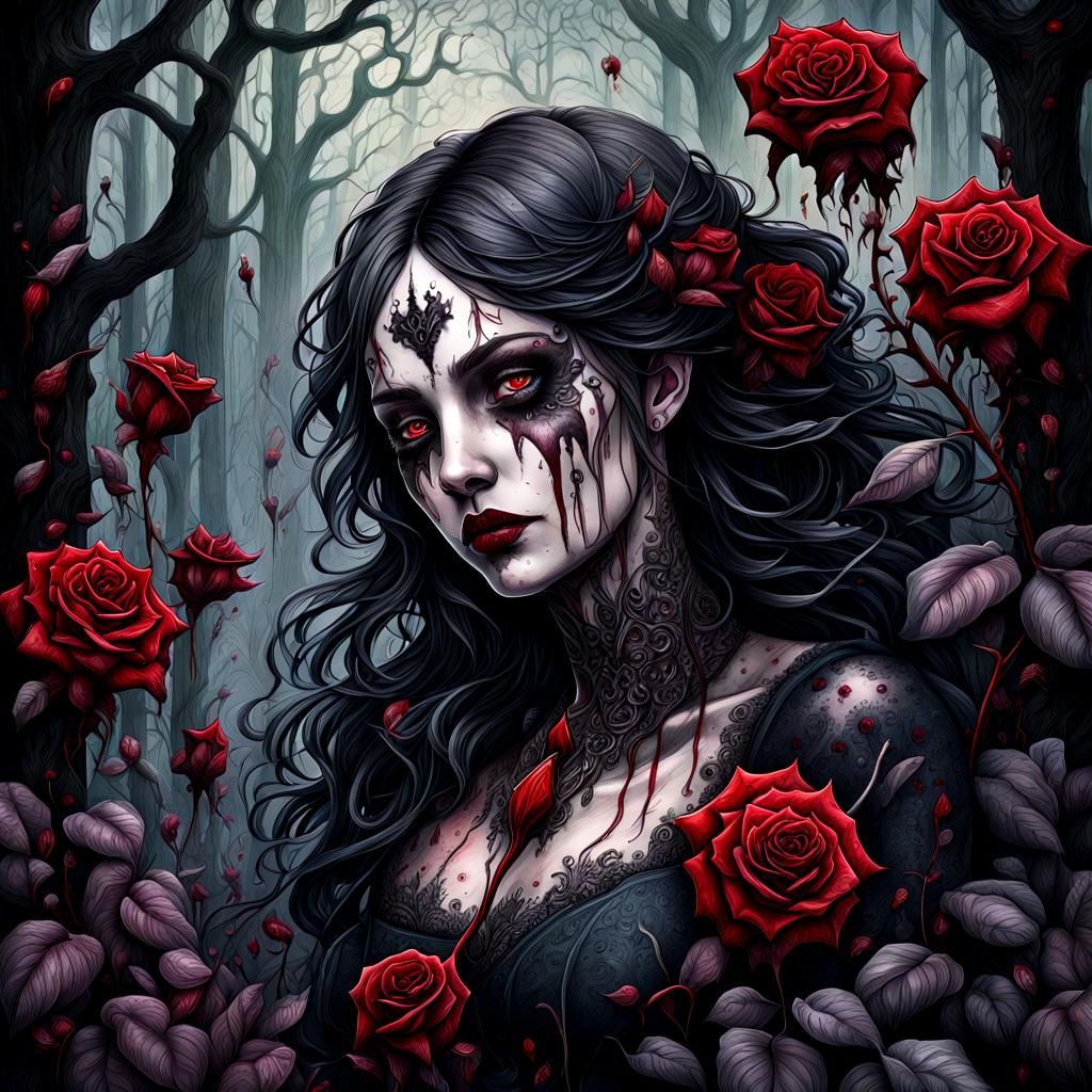 Gothic Black Rose with Blood Tears in Watercolor