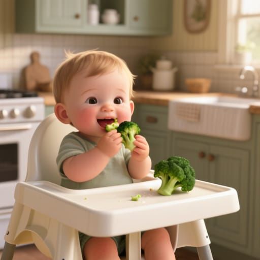 Cute Toddler Enjoys Broccoli in Cozy Kitchen