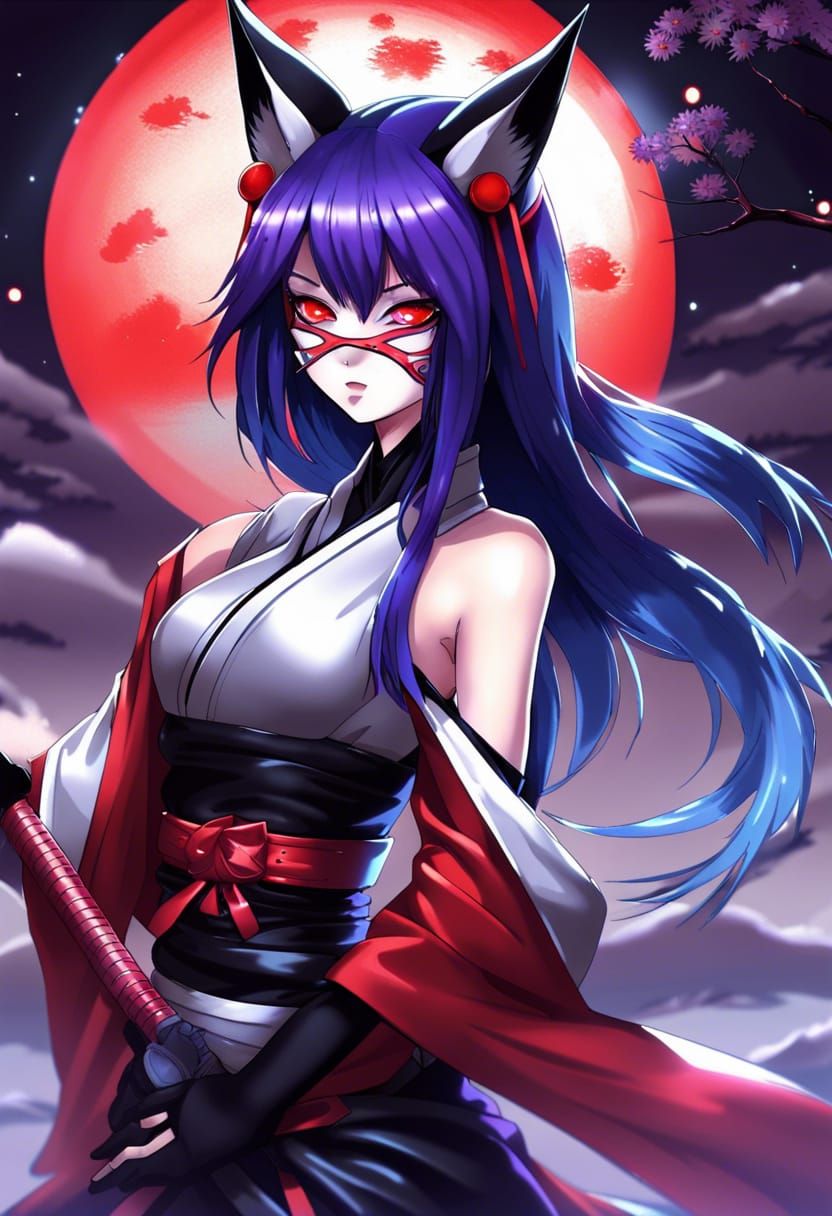 Kitsune Ninja with Red Moon in Anime Style