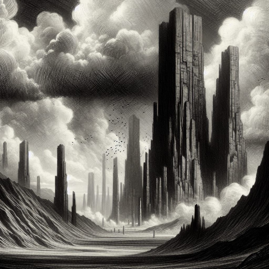Apocalyptic Towers in Infinite Valley: Charcoal Art