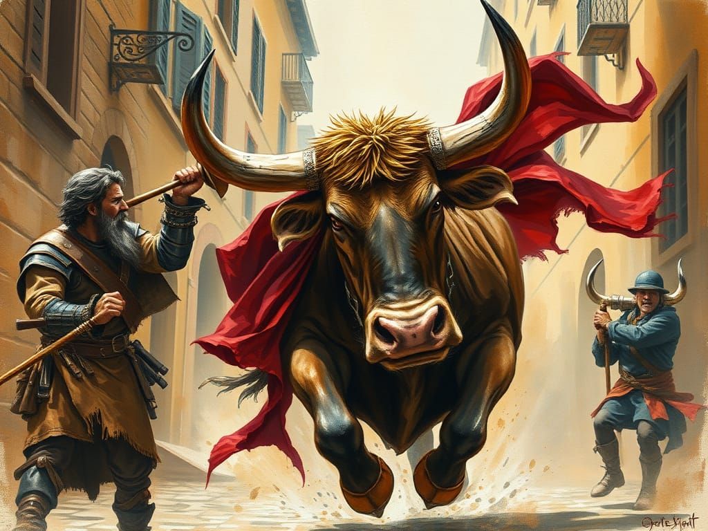 Horned Barbarian Surrounded by Chaos in Pamplona Streets