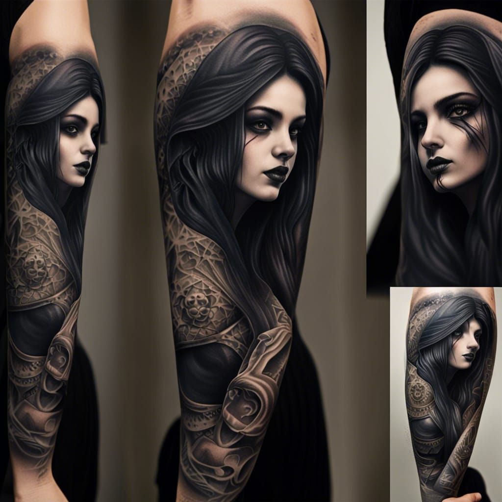 Gothic Goddess: Hyperrealistic Tattoo Sleeve Design