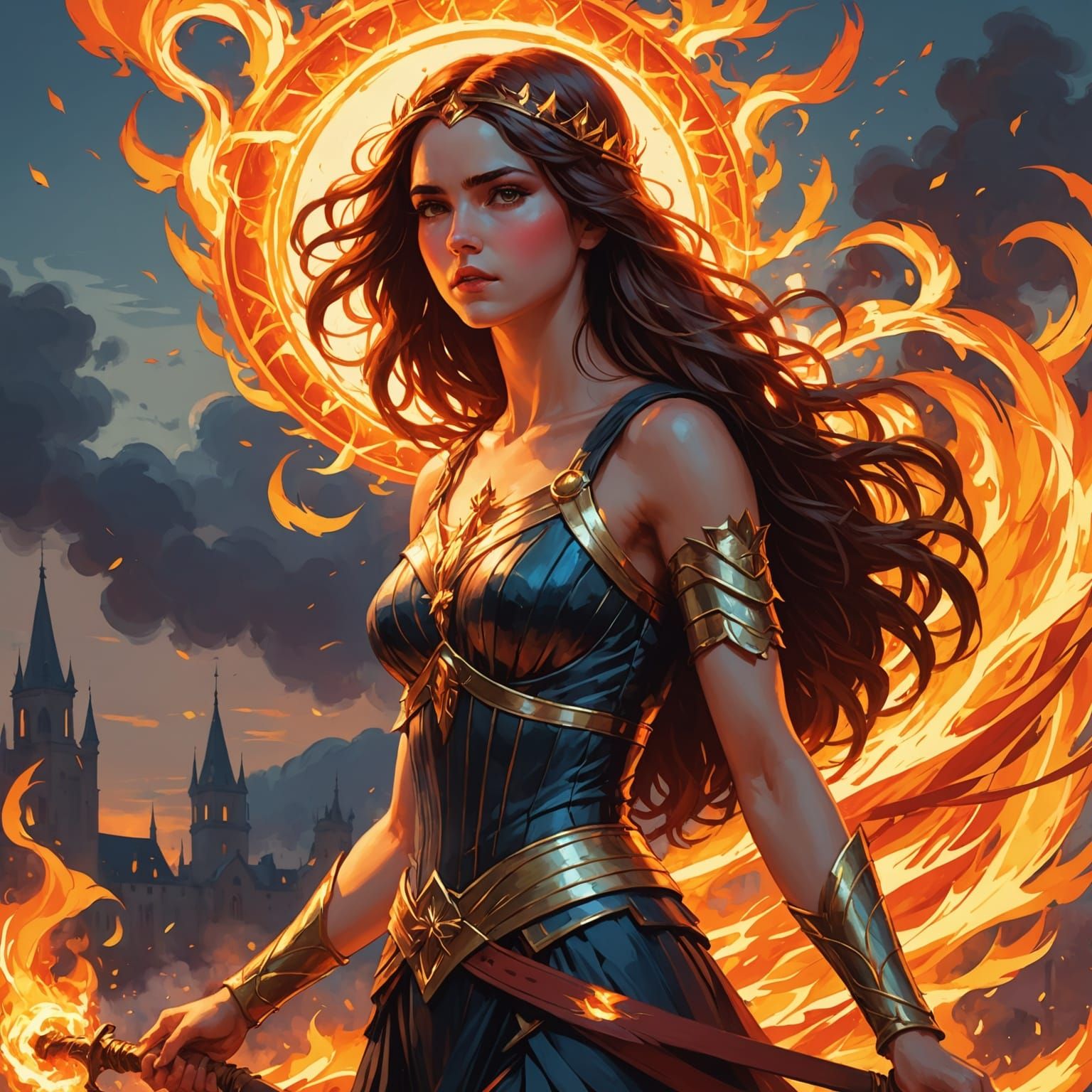 Anime Fire Sun Justice in Waterhouse Style