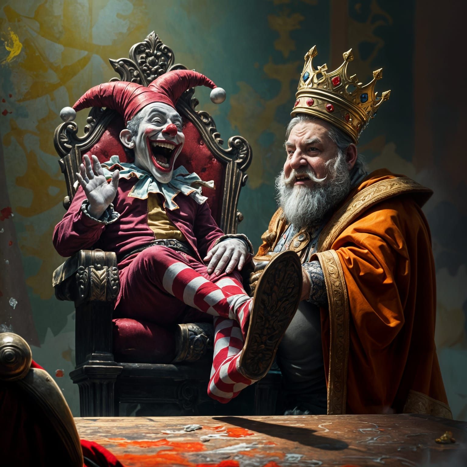 Jester's Jubilation: A Royal Satire in Hyperrealistic Style