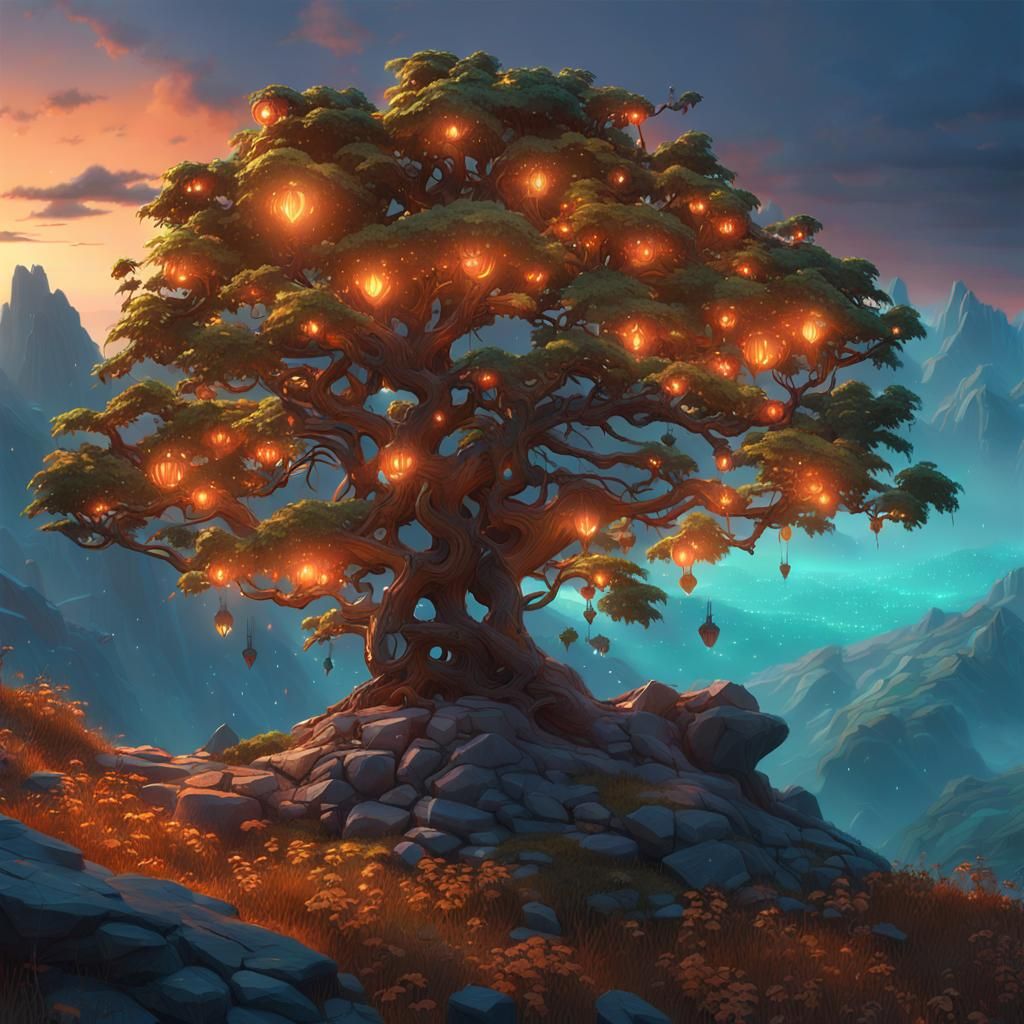 Luminescent Tree on Mountain Top at Dusk