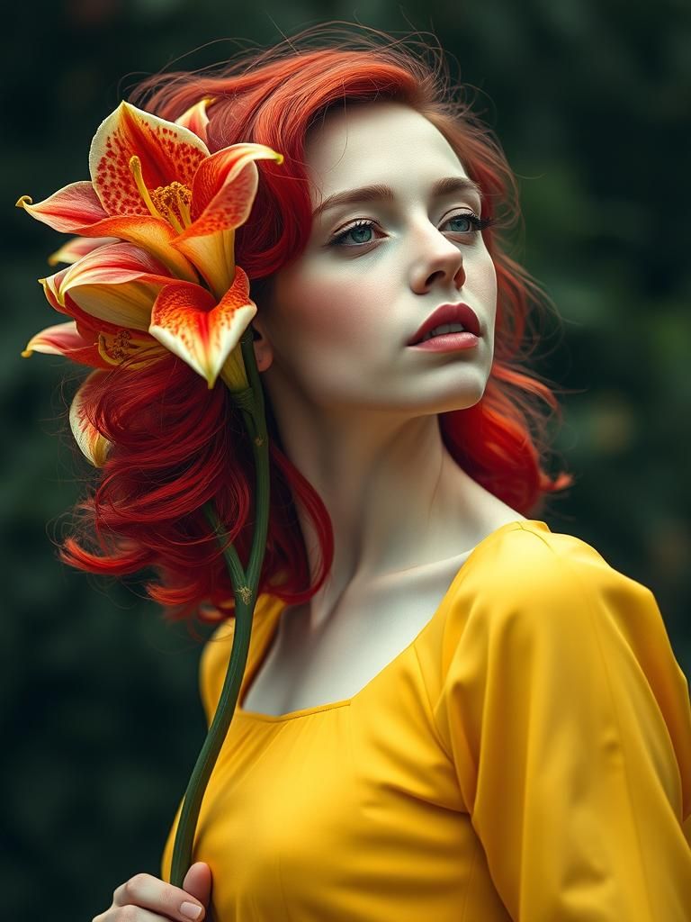 Red-Haired Woman with Lilies in Maximalist Style