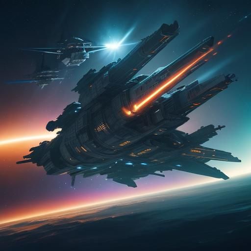 Spaceship Engaged in Epic Space Battle, Sci-Fi Art