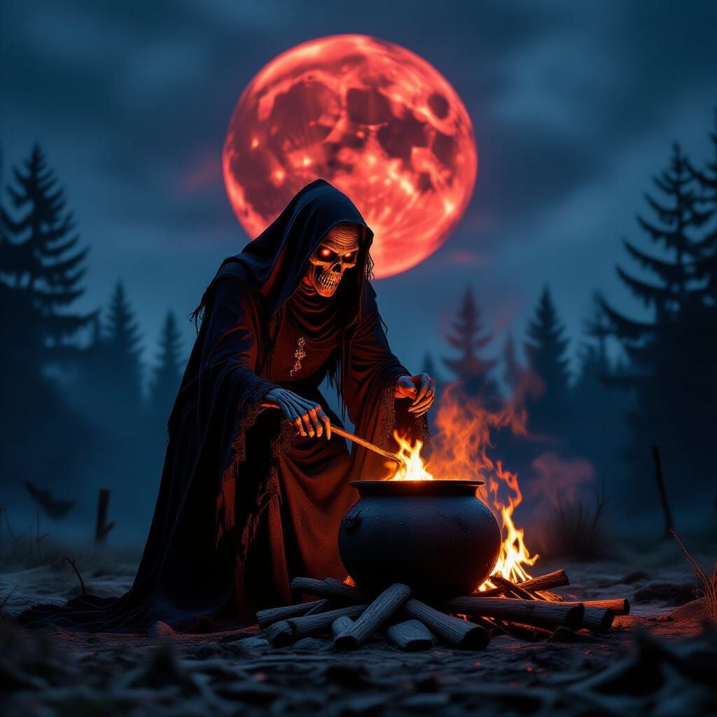 Terrifying Witch Ritual Under Blood Moon, Photorealistic Hor...