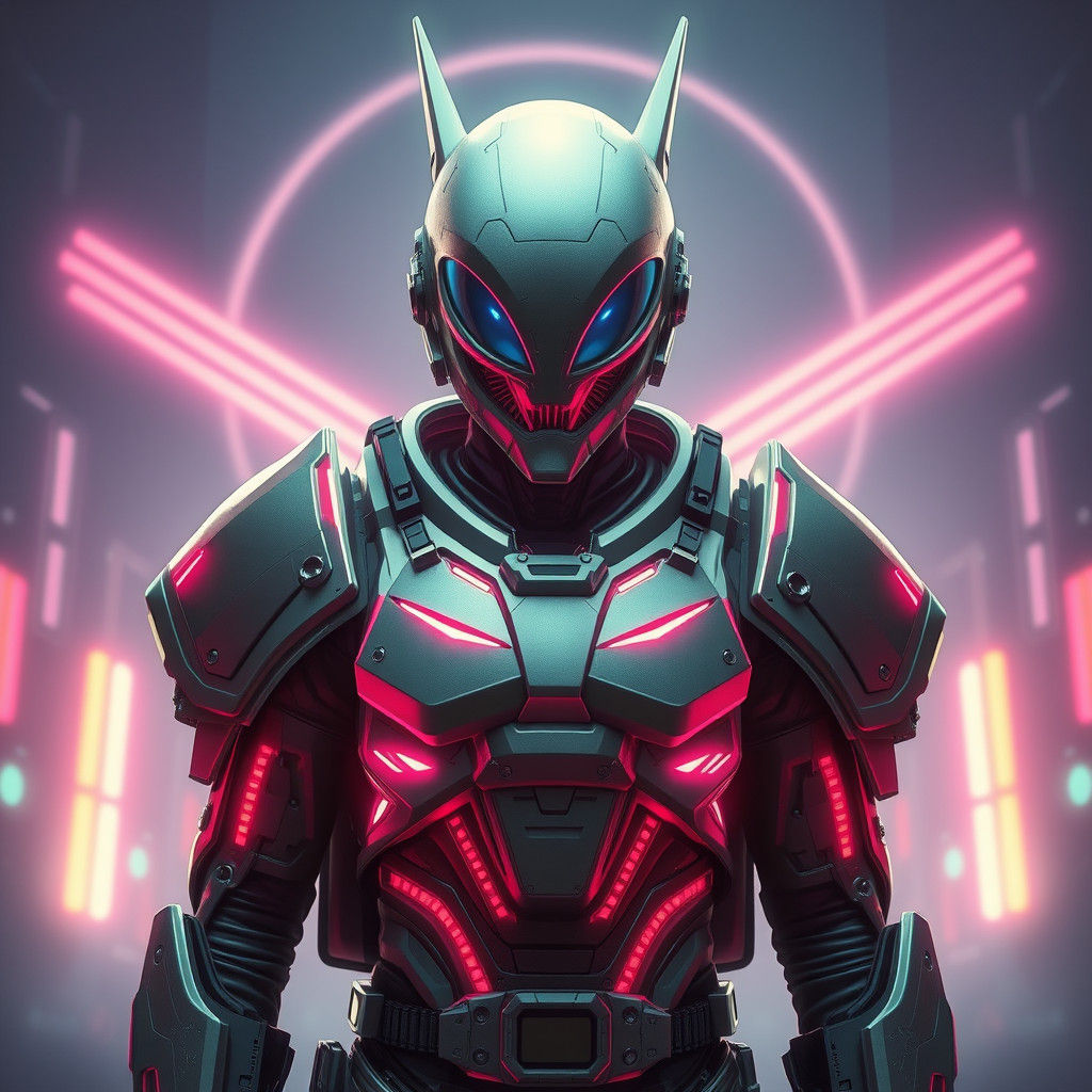 Sci-Fi Alien in Powered Armor: Synthwave Neon Retro