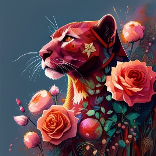 Panther and Roses Digital Illustration in Comic Style