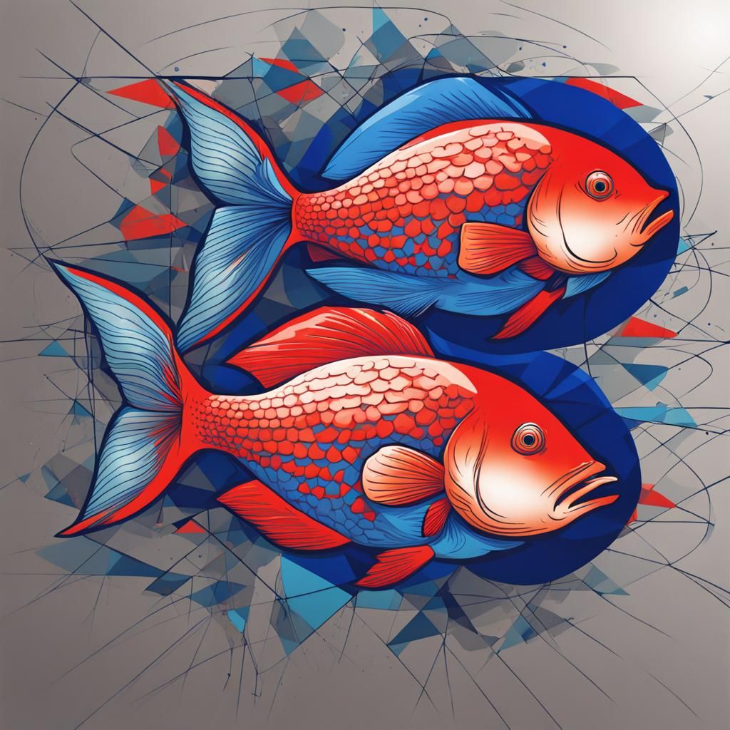 Colorful Bauhaus Pop Art of Fish in Triadic Colors