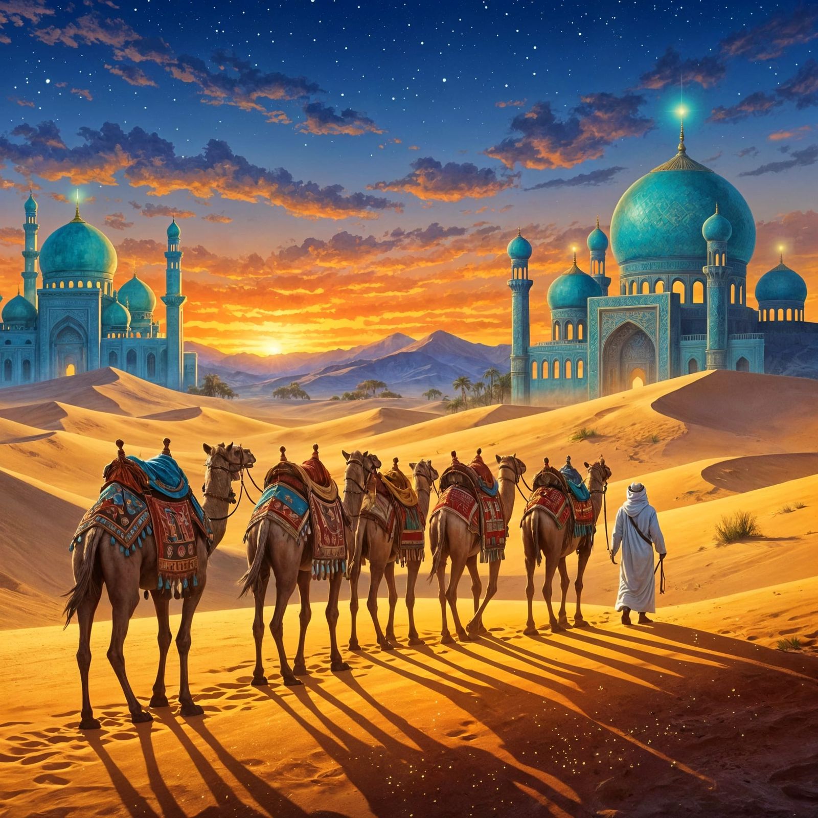 Mystical Desert Caravan at Fiery Sunset