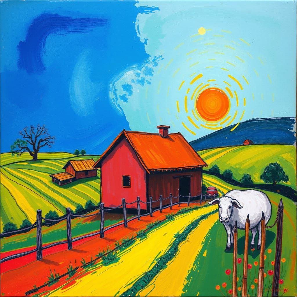 Vibrant Farm Scene in Basque Crayon Style