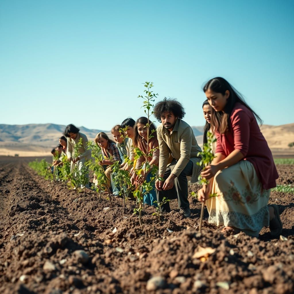 Diverse Group Planting Trees in Barren Landscape