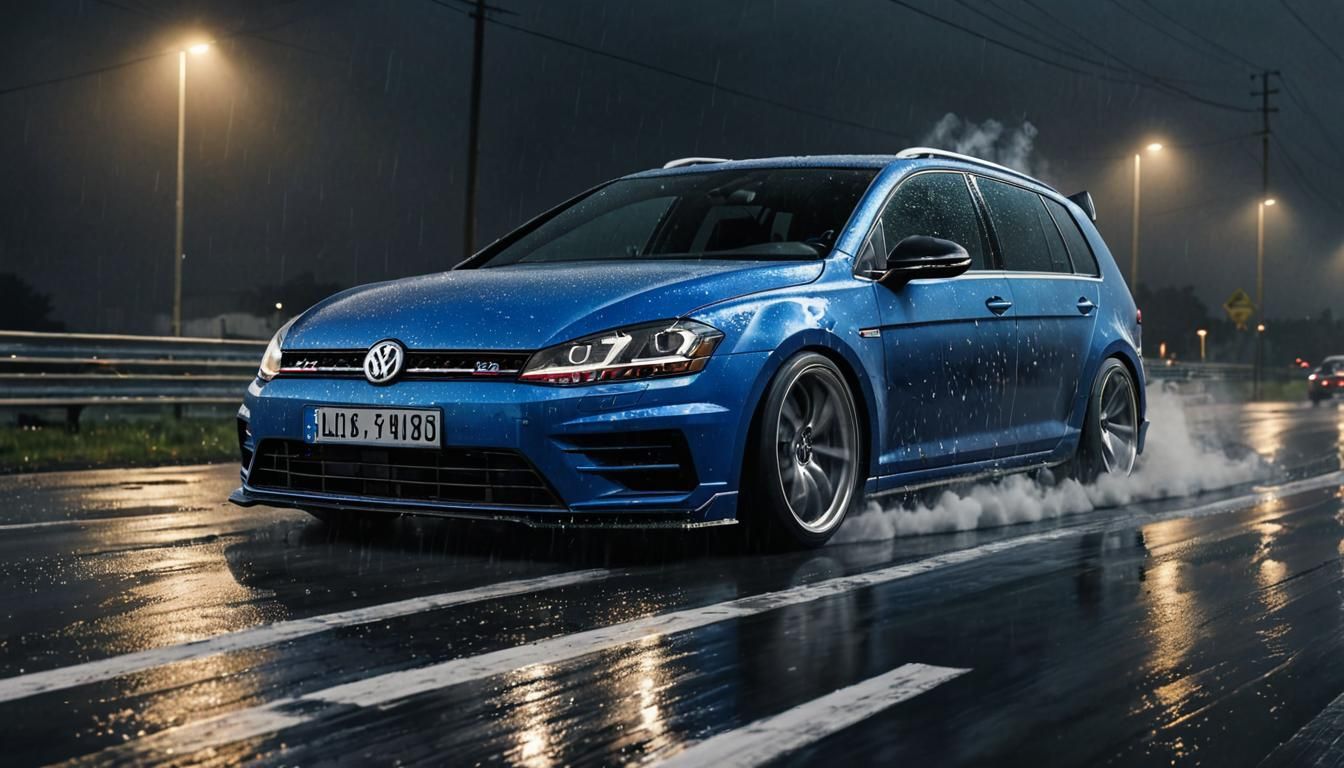VW Golf 7R Drifting at Night: Hyper-Realistic Digital Art