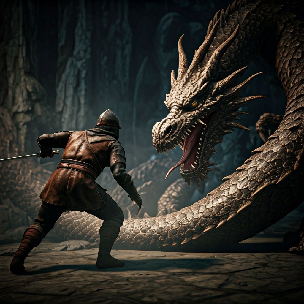 Fighter's Sneak Attack on Dragon in Ukiyo-e Style