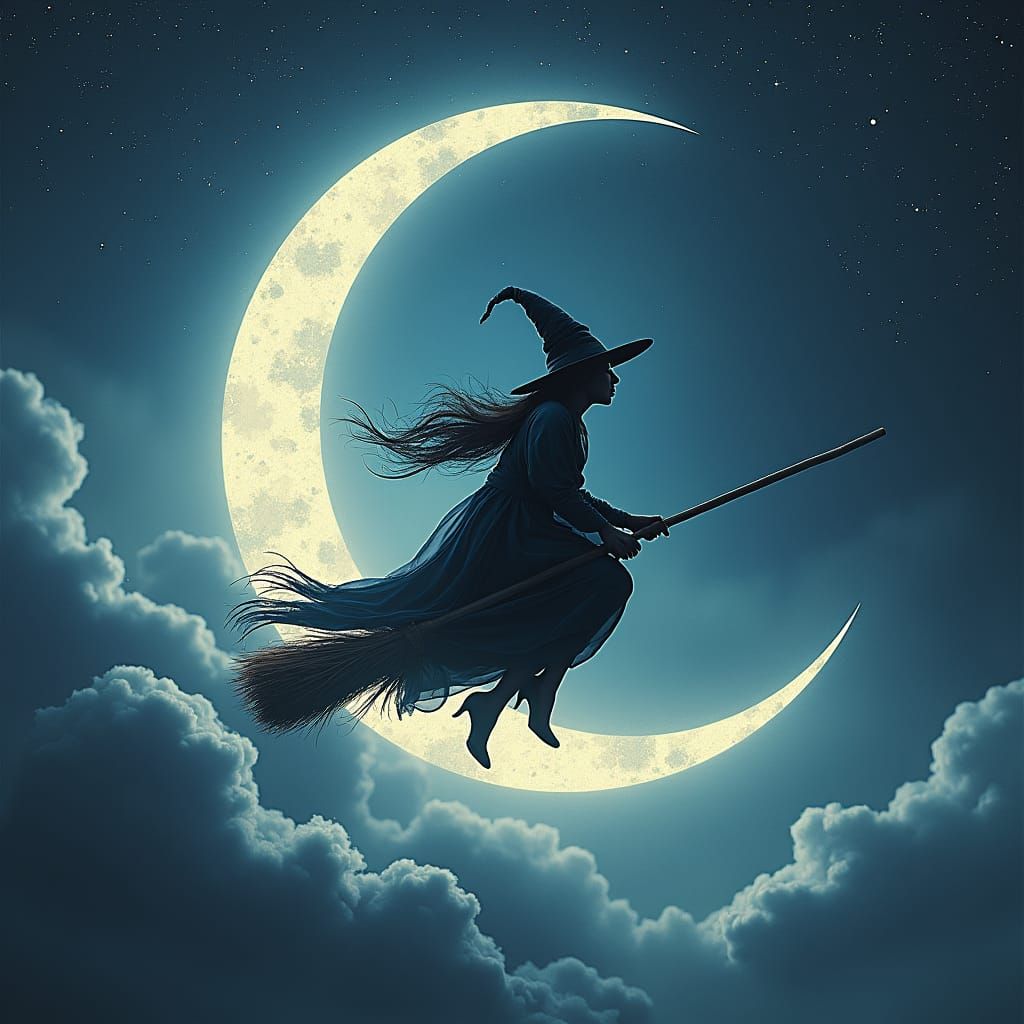 A witch flying across a crescent moon on a broomstick, surro...