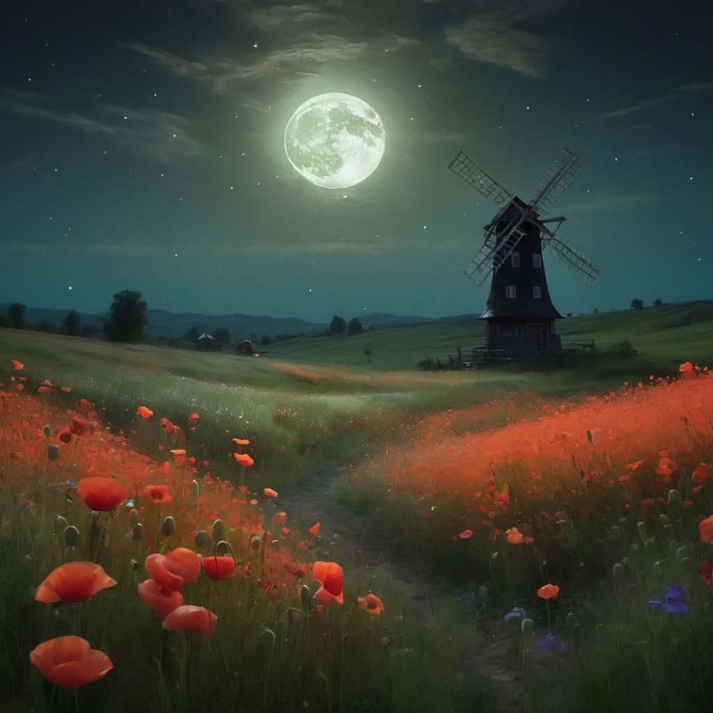 Biopunk Meadow at Night Under Full Moon