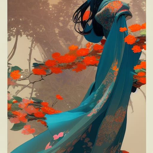 Intricate Kimono: Art Nouveau Digital Art