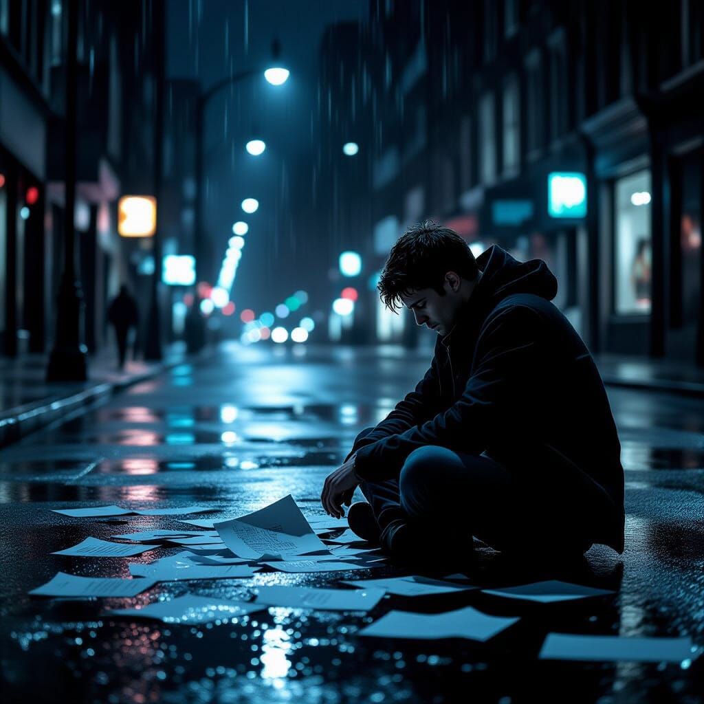 Man Huddled in Dark Rainy City Street Amidst Torn Papers
