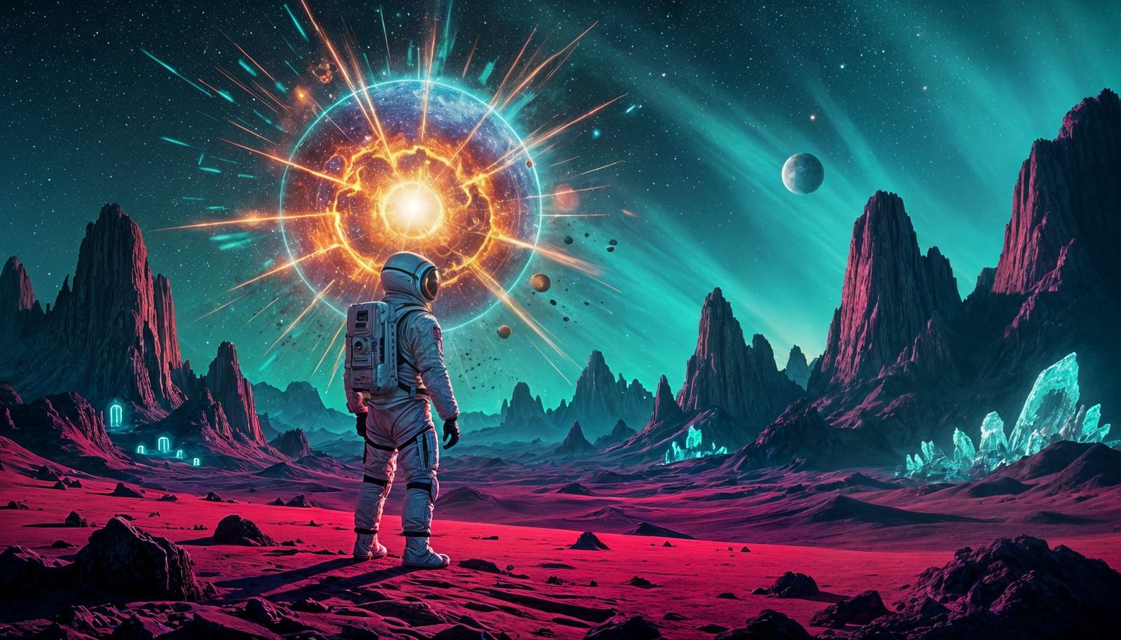 Astronaut Gazes at Nebula on Alien Planet in Synthwave Style