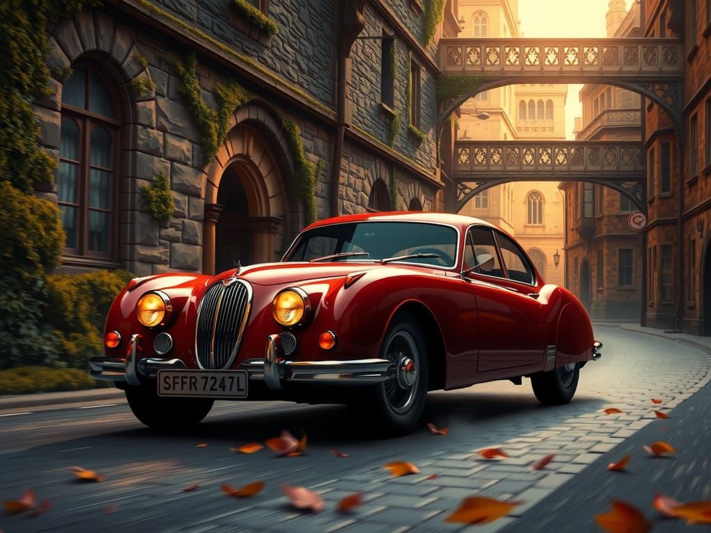 A red Jaguar Mark UK car driving through Oxford