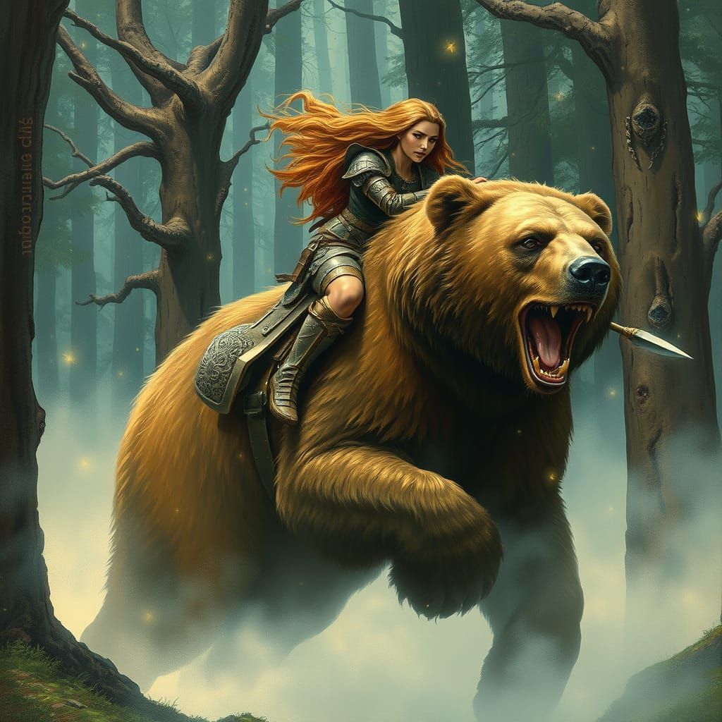 Amazonian Fantasy Warrior on Majestic Grizzly Bear