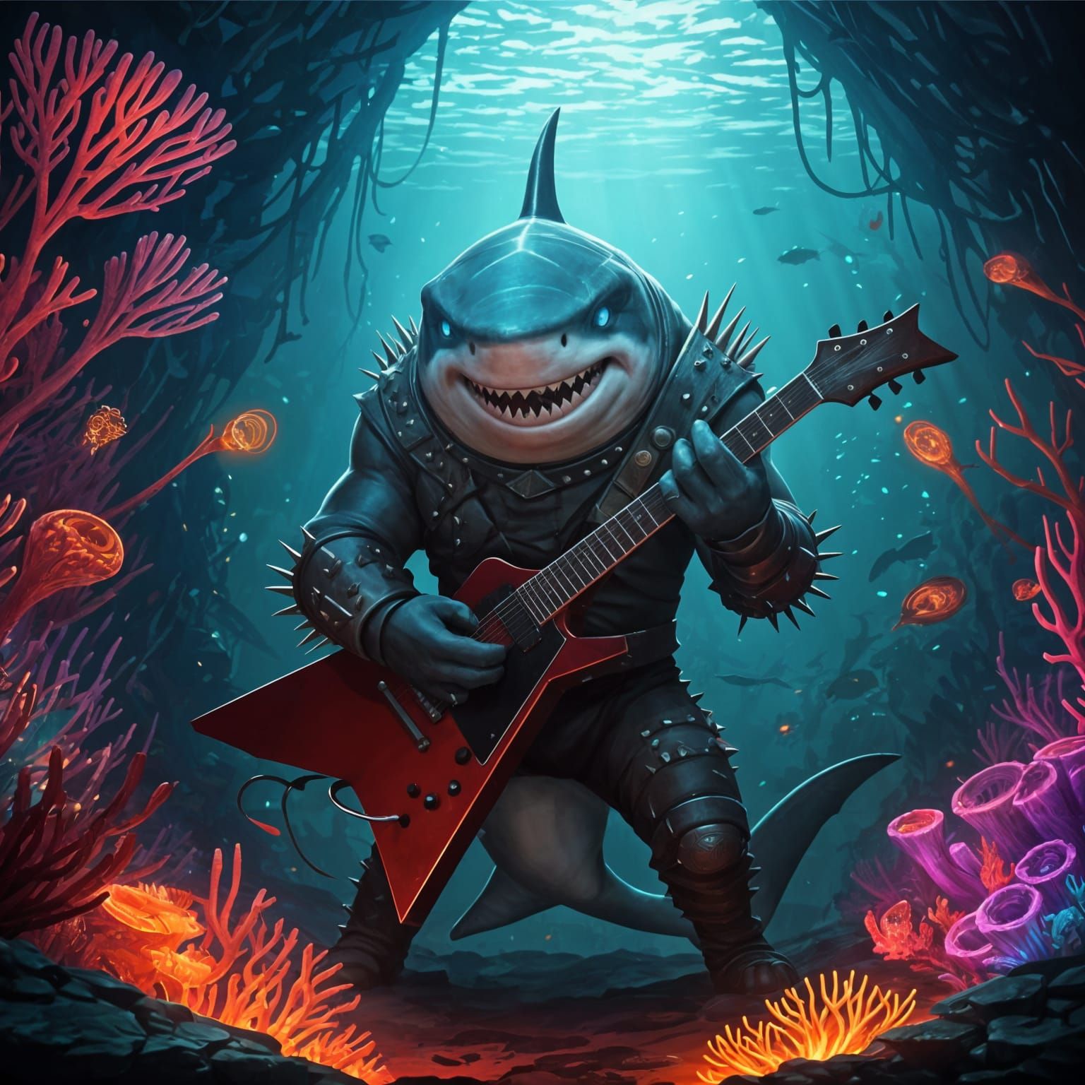 Underwater Shark Metalhead Shreds Guitar