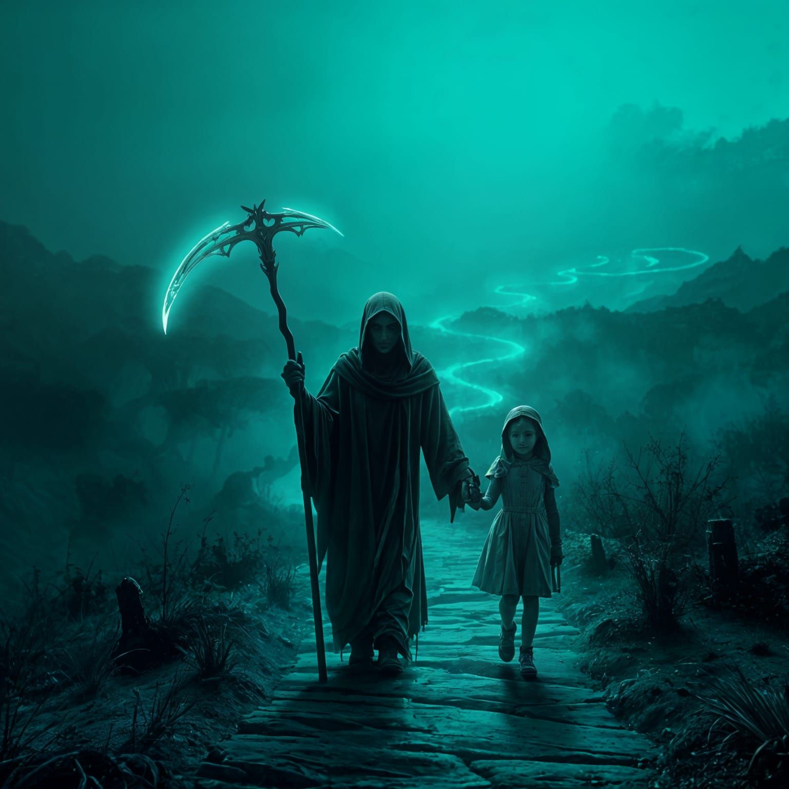 Grim Reaper Guides Girl Through Cyan Mist
