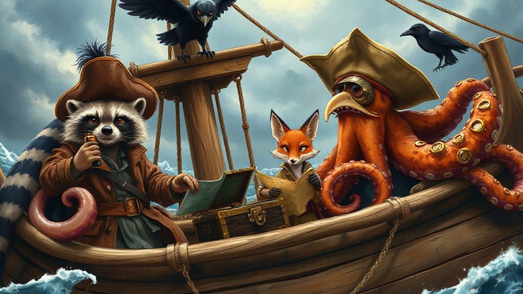 Pirate Animal Crew on Stormy Seas as Digital Painting