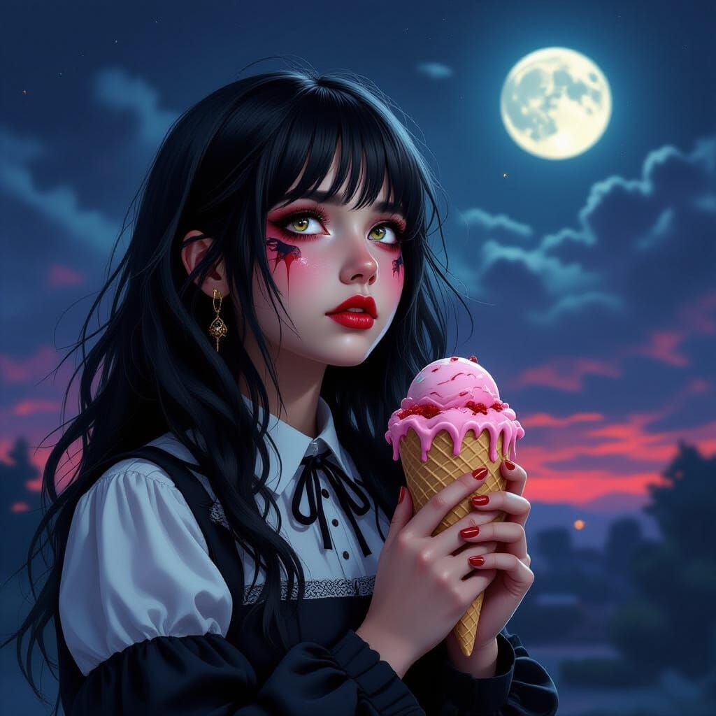 Gothic Girl's Psychological Collapse with Melting Ice Cream