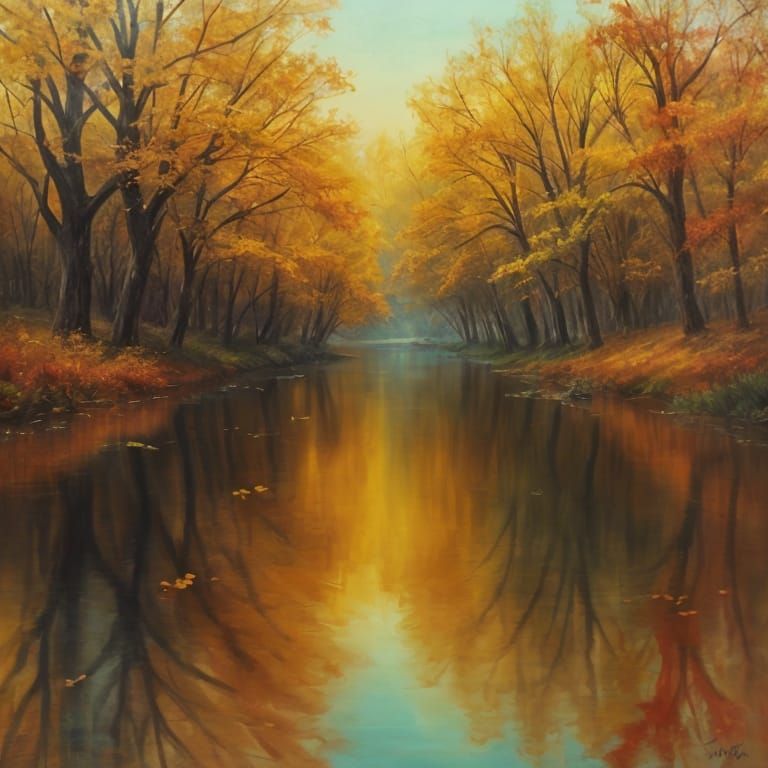 Autumn Park Scene with Falling Leaves in Turner Style